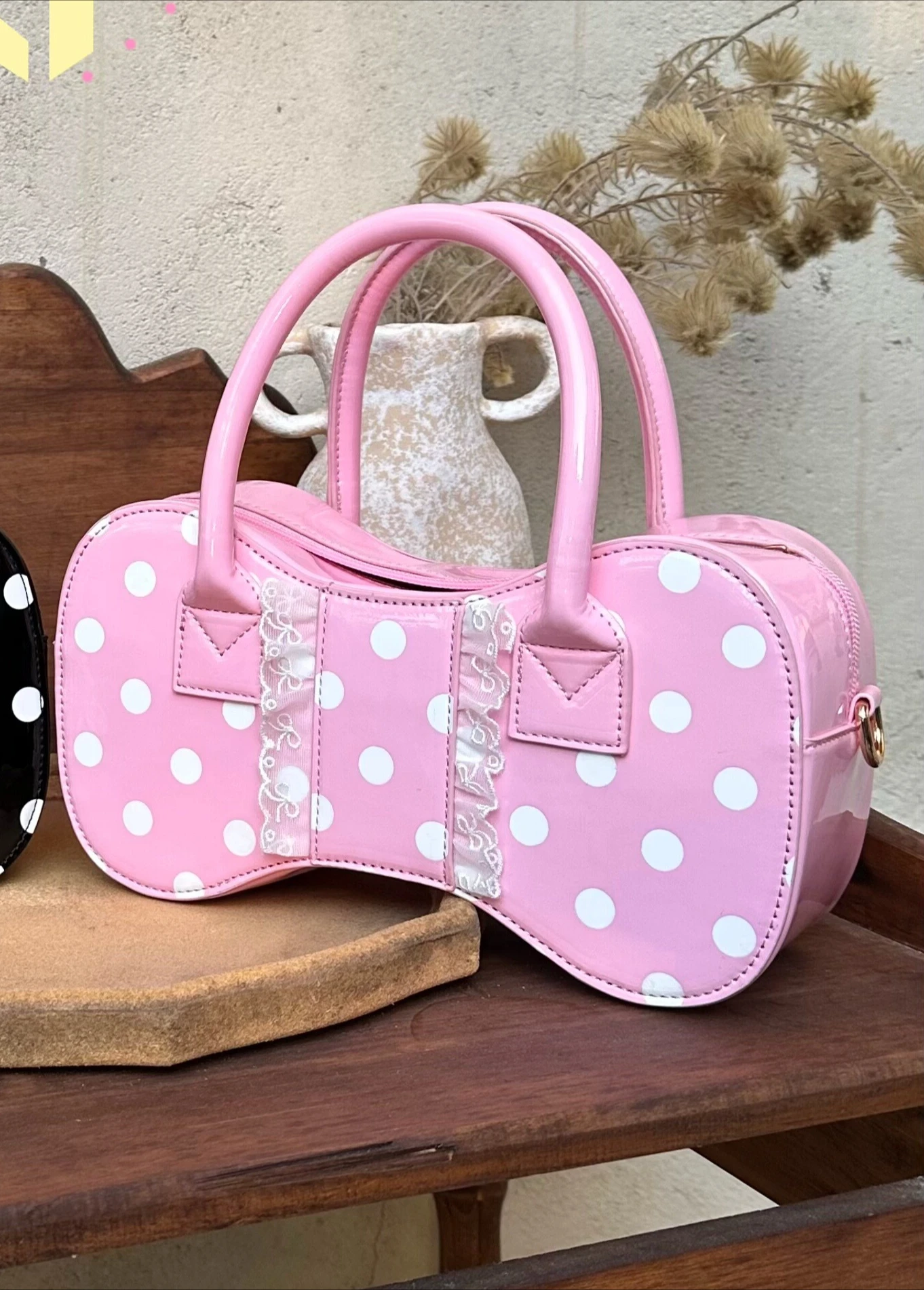 Original Sweet Girl Women's Polka Dot Bow Lace Cute Shoulder Bag Doll Feel Versatile Portable Leather Handbag Totes