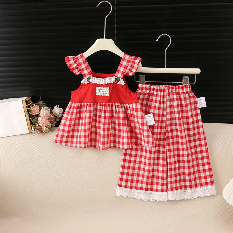 2026 Summer Girls Red Plaid Strawberry 2Pcs Outfits Kids Sleeveless Ruffle Strap Top + Lace Trim Pants Set Children Clothes