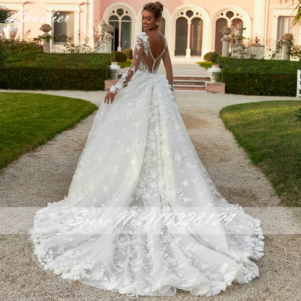 Lhuilier Customized 2 Pieces Mermaid Lace Wedding Dresses Full Sleeves Flowers Bridal Gown with Detachable Train