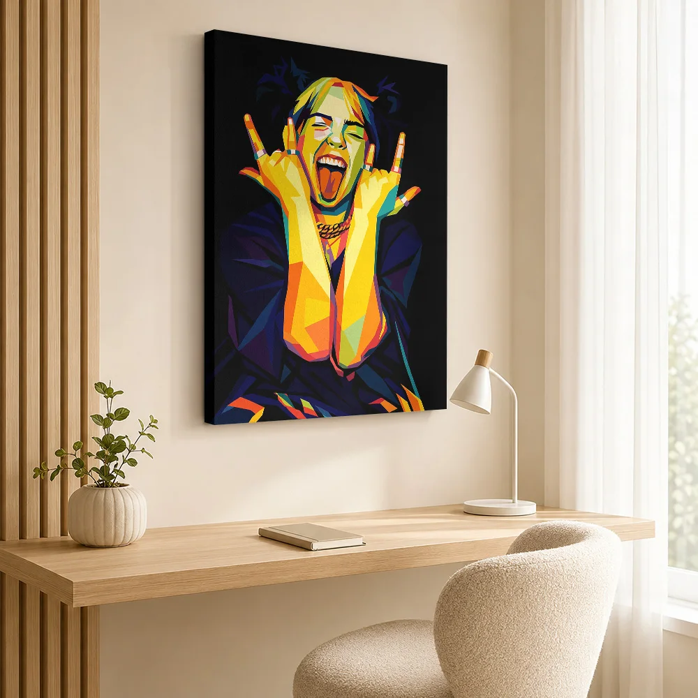 Billie Eilish Portrait Framed Canvas Print Customized Photo Geometric Color Blocking Wall Art For Record Shop Listening Area