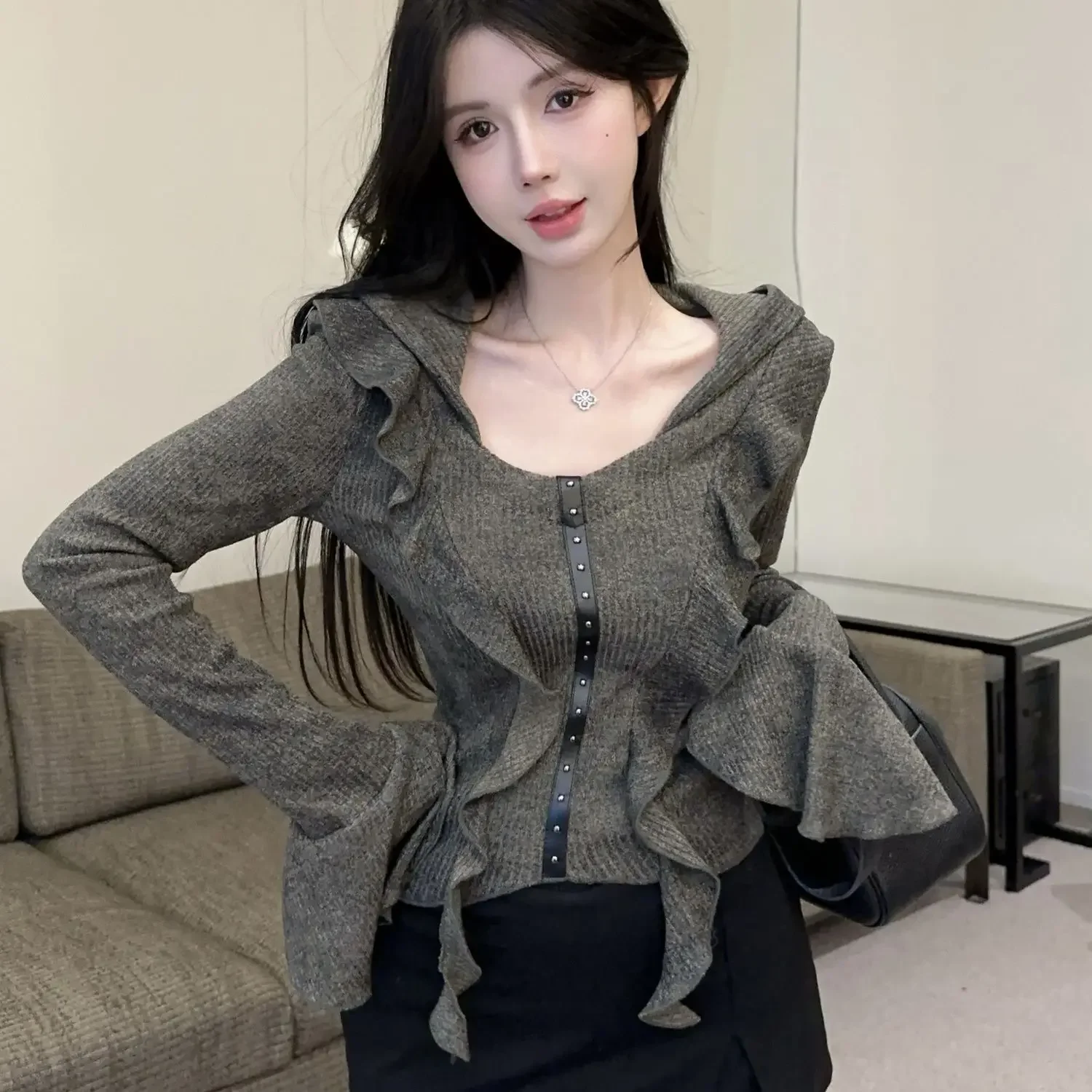 Fashion Trend Ruffles Irregular Slim Flare Sleeve Sexy Patchwork O-neck All-match T-Shirts Women Clothes Young Style Top Tee