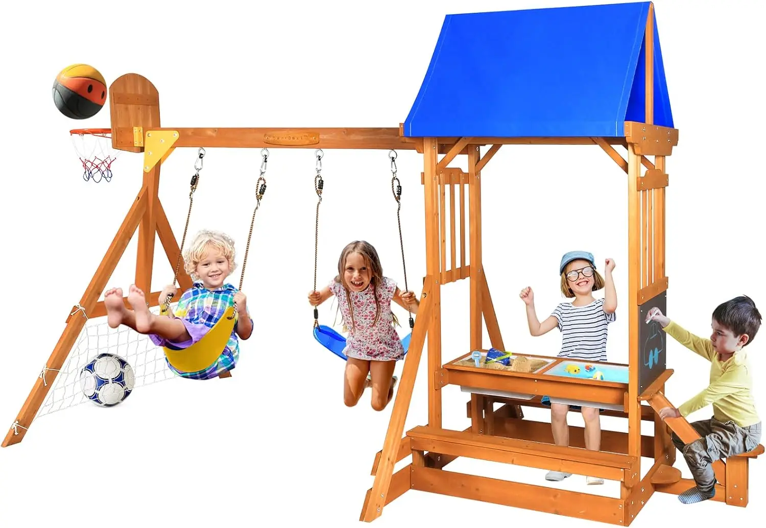 

Wooden Swing Set/Playset Made for Small Yards and Kids Toddlers Age 3-6, 6-in-1 Playground Set with Picnic Table Drawing Board S