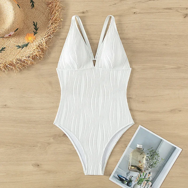 Sexy White Backless Ribbed Swimwear Women One Piece Swimsuit 2024 New Back Cross Bandage Swimming Bathing Suit for Women Bather