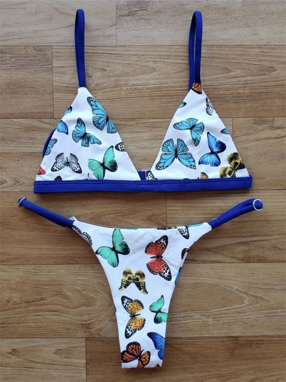 Maillot de bain triangle deux pièces pour femme, bikini papillon plus riche comme maillot de bain dos nu, string bleu, maillots de bain Y2K, tenue de plage trempée, vêtements de vacances