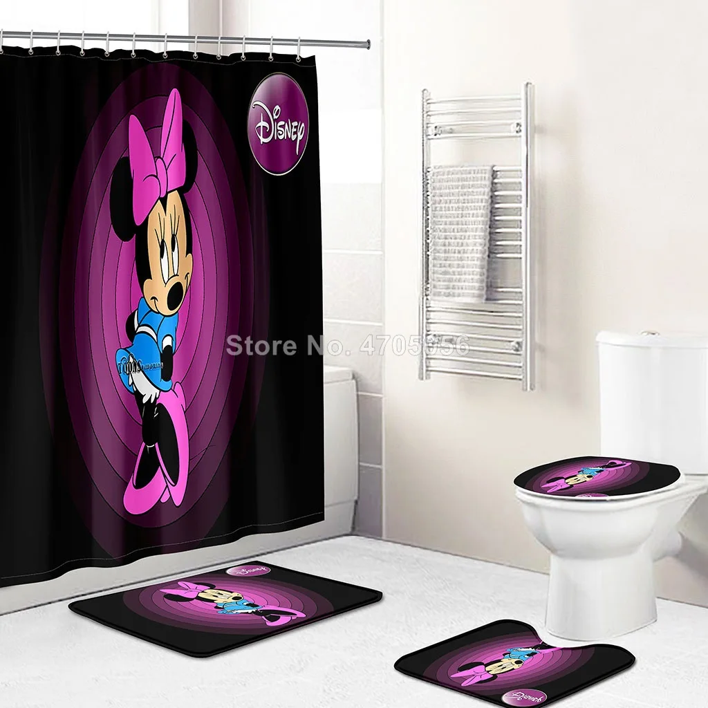  Cartoon Pink Dancing Minnie Mouse Girl Baby Bath Curtain 4pcs with Hooks Novelty Shower Bathroom Toilet Mat Lid Rug Set