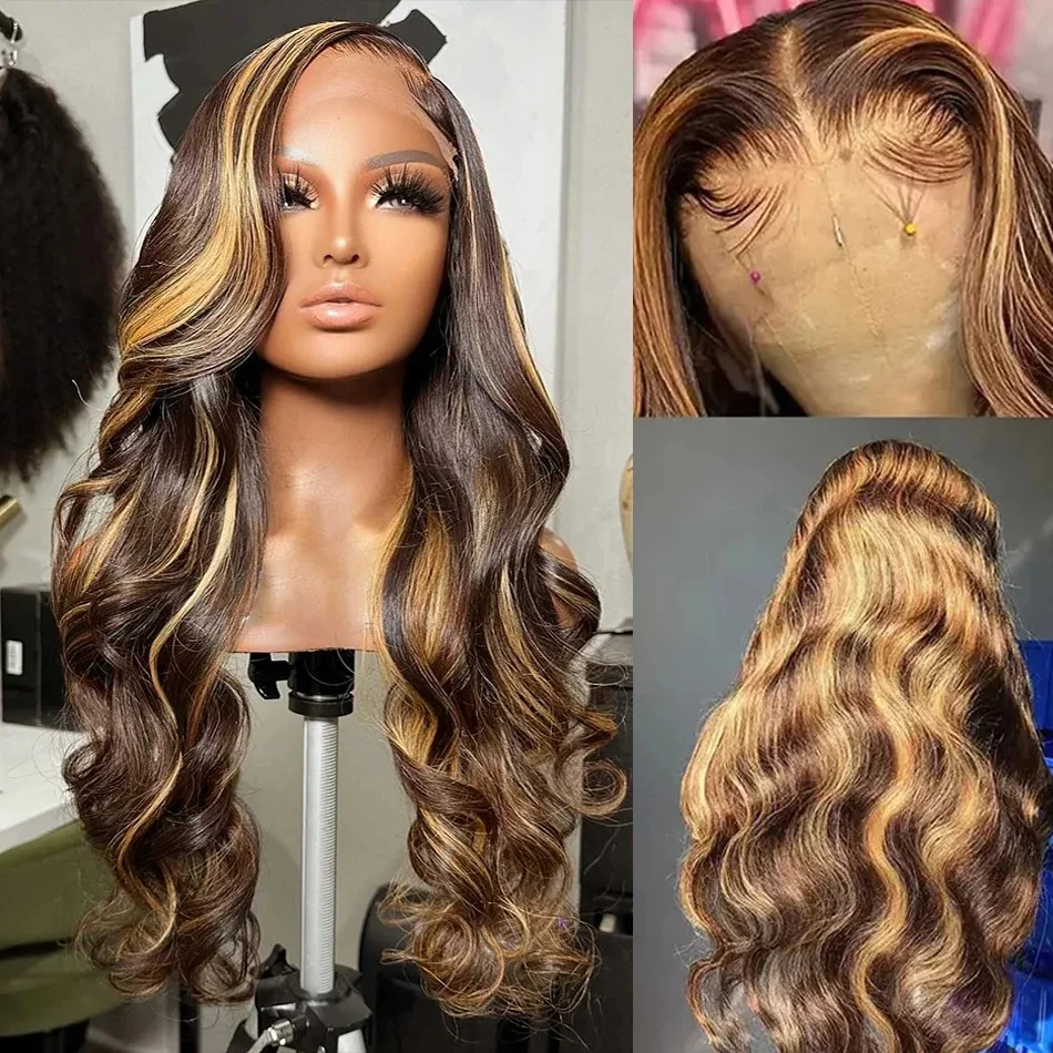 4/27 Highlight Körperwelle 13x4 Echthaar 30 32 Zoll Lace Frontal Perücken 180 Dichte Farbige Ombre 13x6 HD Lace Front Perücke für Frauen