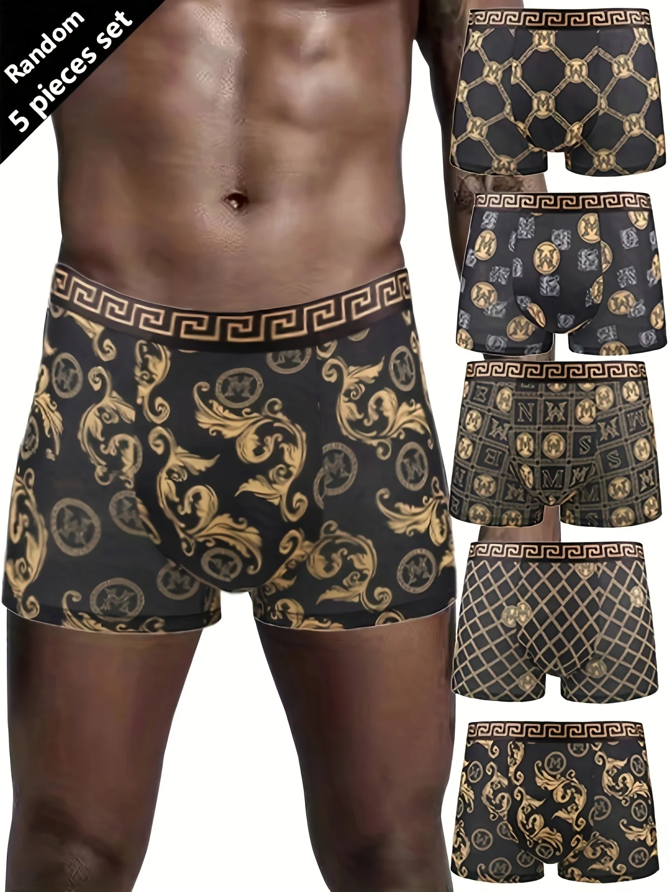 Random 5 pcs men\'s fashionable black gold patterned boxer shorts, super soft and comfortable underwear, suitable for daily wear