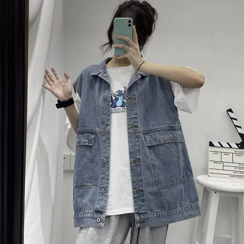 Mulheres Single Breasted Denim coletes, streetwear chique, tops sem mangas, casacos de carga, lapelas, bolsos, blusas monocromáticas, novo, Tendências Vestuário