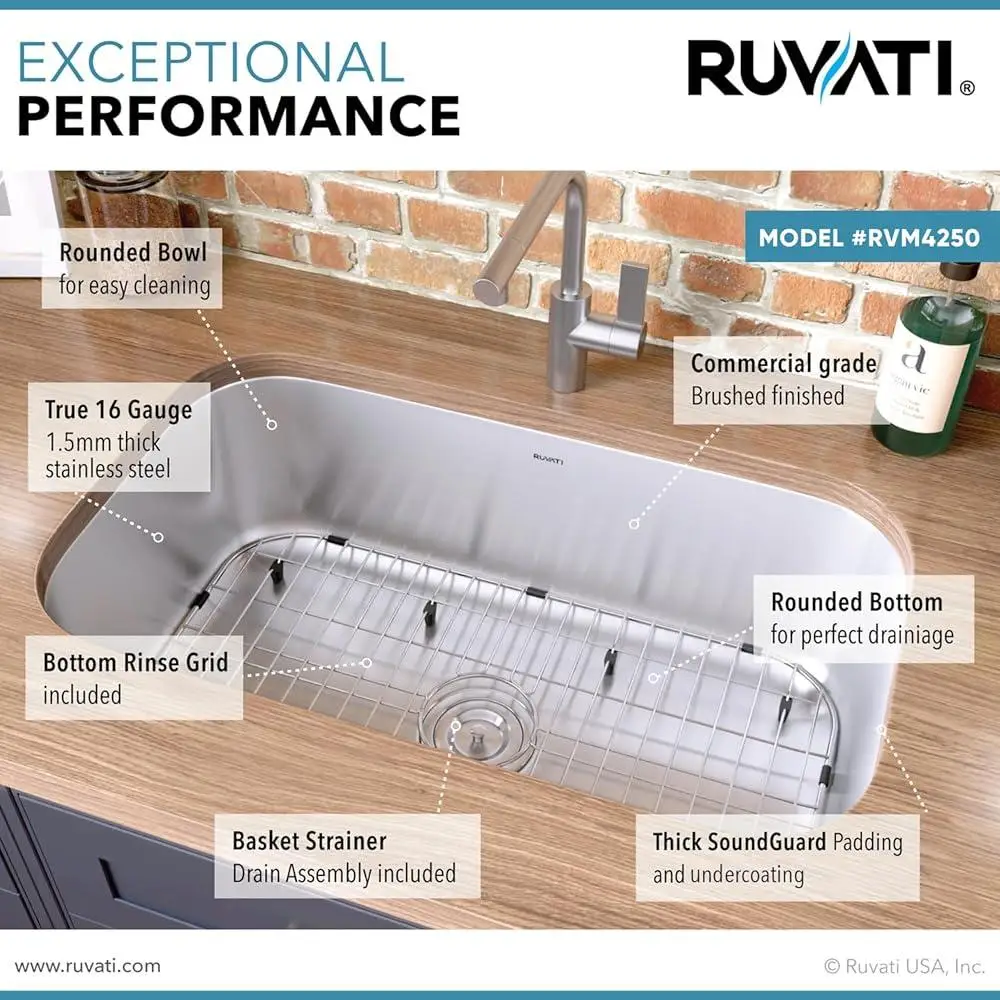 حوض مطبخ سفلي 30 بوصة، وعاء واحد، 16 مقياس من الفولاذ المقاوم للصدأ، عازل للصوت، لمسة نهائية واقية، شبكة سفلية سهلة التنظيف