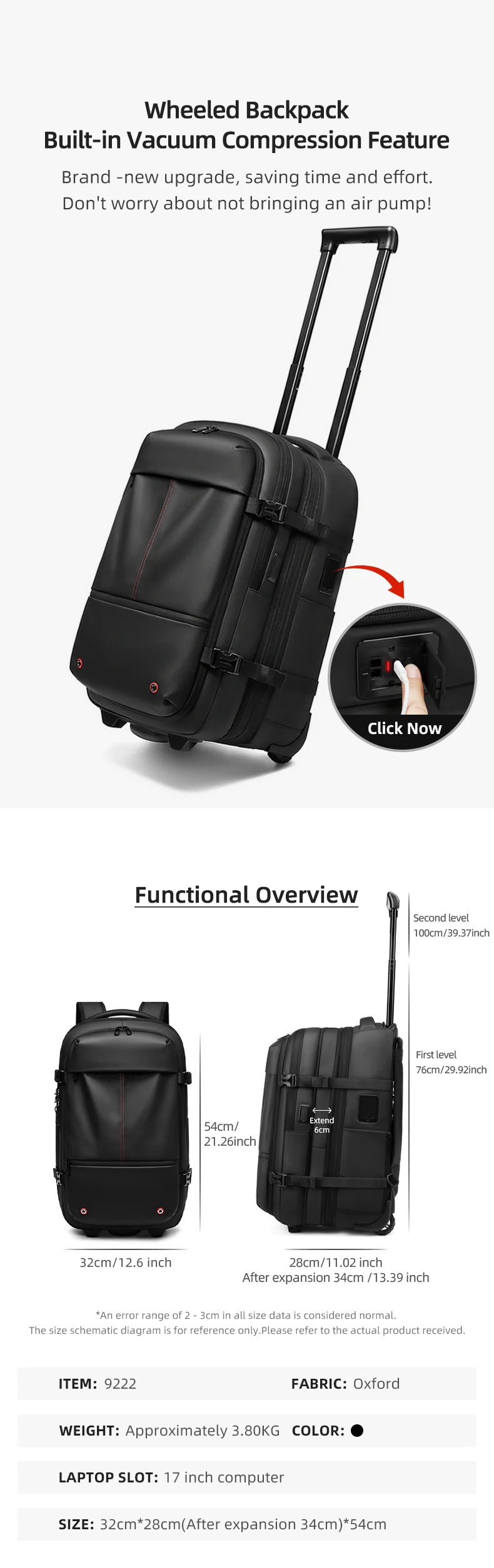 Reise-Trolley-Vakuum-Kompressions-Business-Rucksack mit Pumpe für Herren, Rucksack auf Rädern, Rollgepäck, Bergsteigertasche – Detail 10