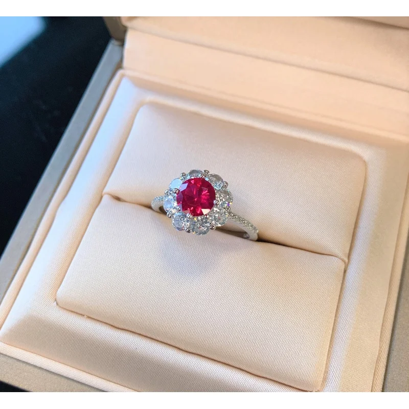 Jewelry S925 Silver Vintage Ruby Oval Ring Earrings Pendant Three-Piece Set Main Stone 7mm