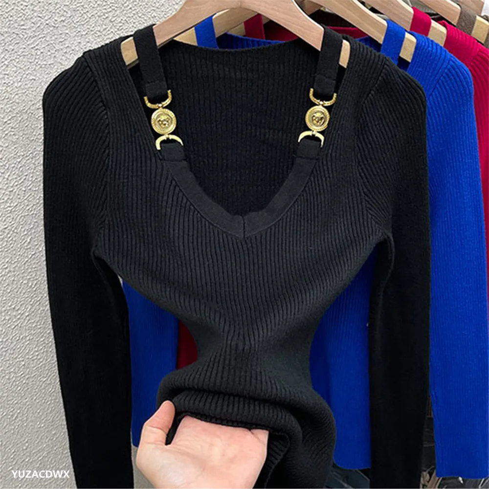 Autumn Chic Unique Low V Neck Off-the-shoulder Top Design Sense Sweater Knitted Base Shirt Women Skinny Knitted Tops