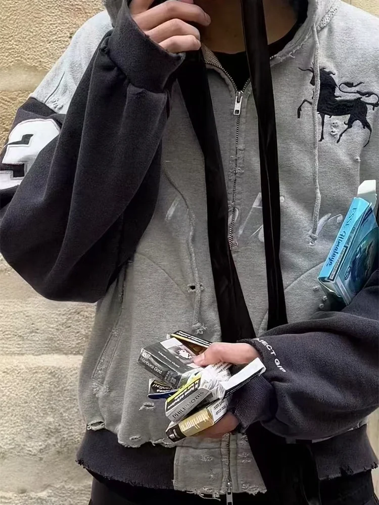 

Ailz Project Vibe Waed Vintage Ripped Embroidery Battle Zipper Hoodie Youth Casual Long Sve Sweatirt with kets