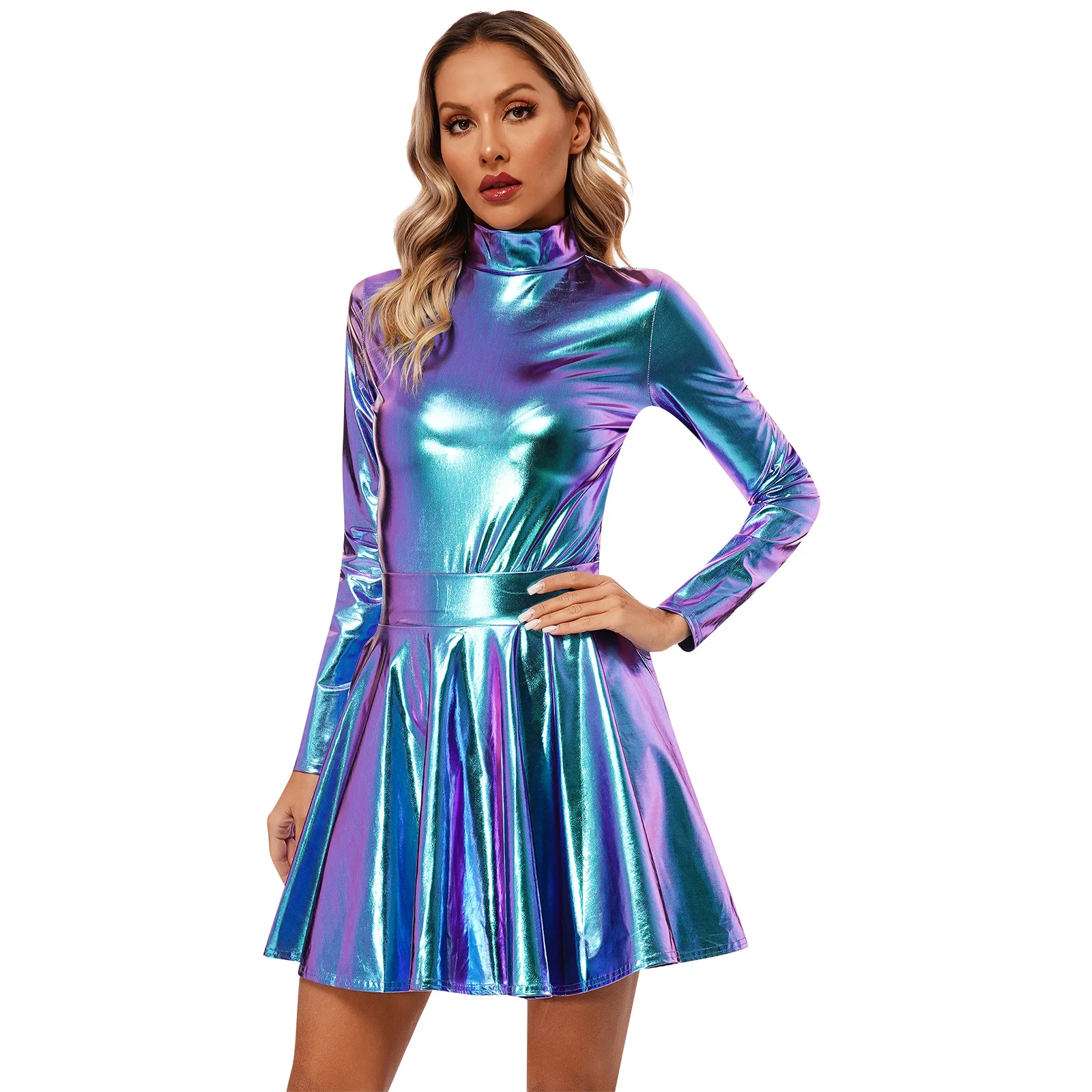 Womens Shiny Metallic Dress Long Sleeve Leotard with High Waist Flare Skirt Rave Party Clubwear Stage Performance Cotumes