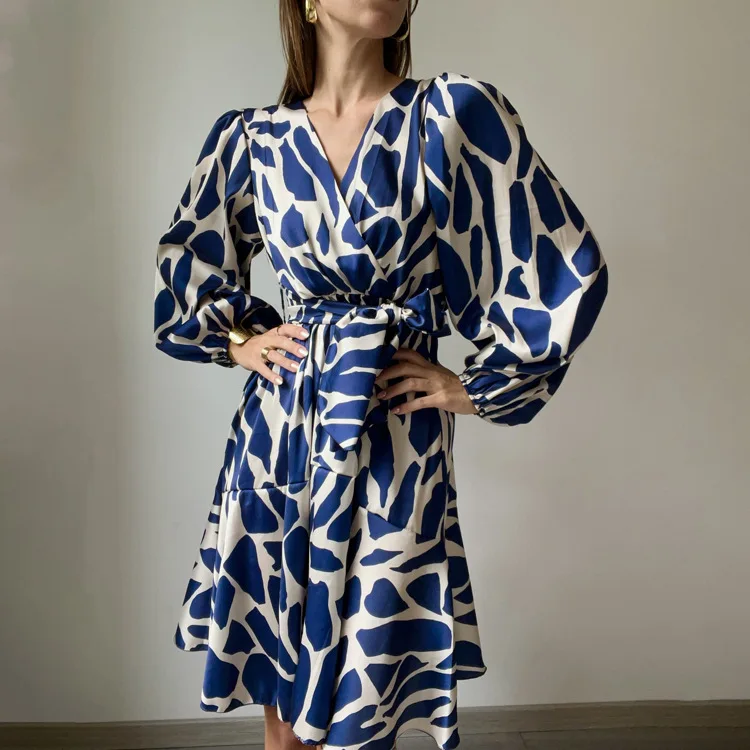 2026 Women's New Printed Random Fashion V-neck Long-sleeve Elegant High-waisted Short Clothes Summer Long Dress Prom Lace Maxi