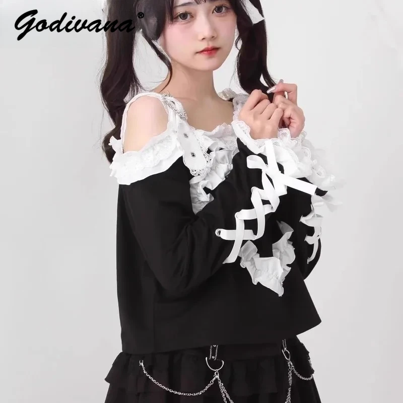 2025 New Autumn Off-Shoulder Women's T-Shirt Lace Splicing Love Shape Girls Sweet Strapless Long Sleeve Top Shirts