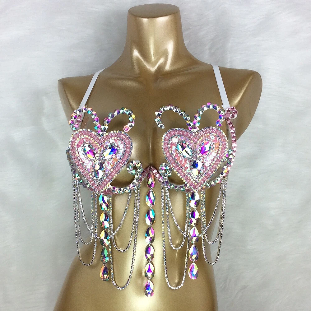 Samba  Bra Crystal bikini Rainbow Pink RED Stone Belly dancing Wire Bra Belly Queen Dance Wear Gogo Outfit Carnival