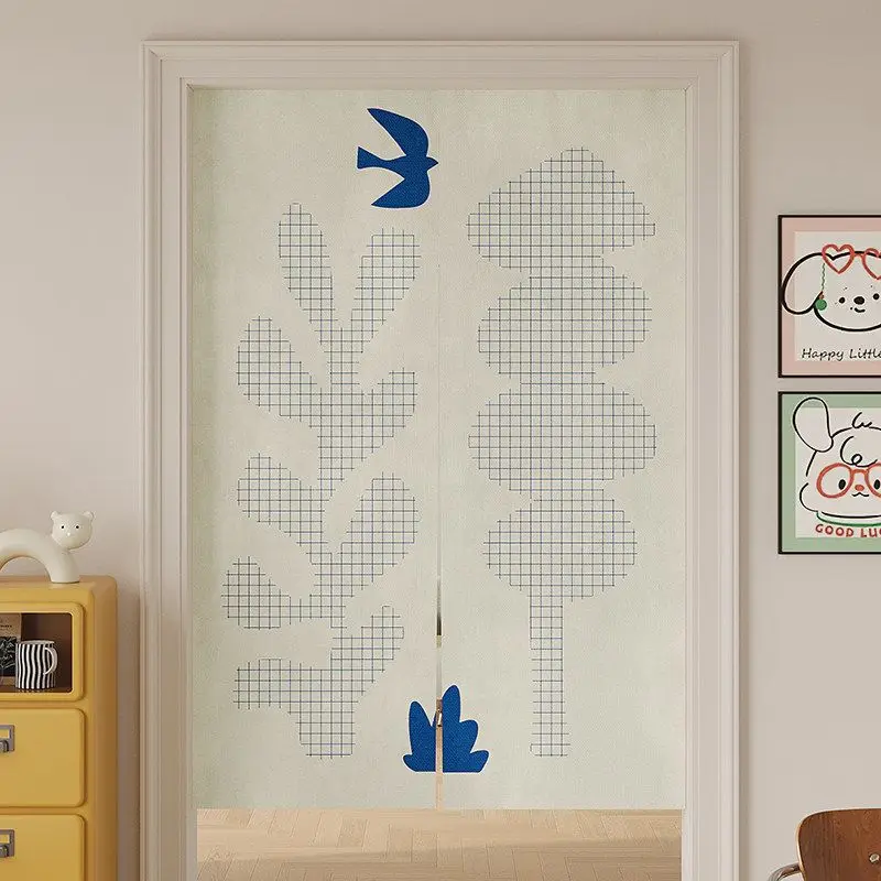 Geometric Grid Plant Bird Noren Split Door Curtain Room Divider Privacy Curtain for Living Room Apartment Minimal Home Decor