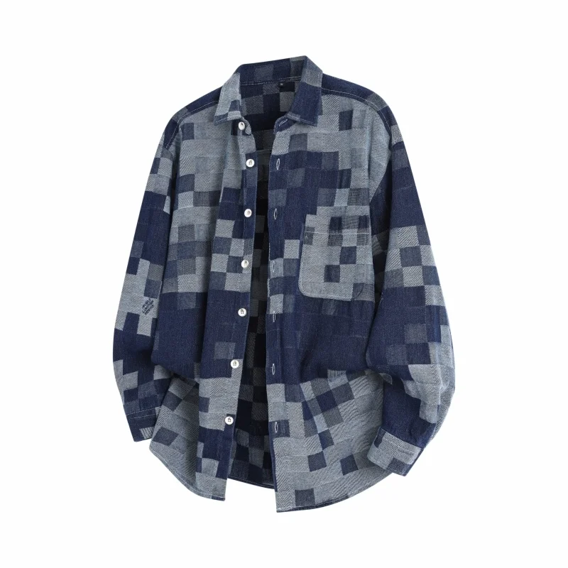 Plaid Long Sleeve Denim Shirt For Men