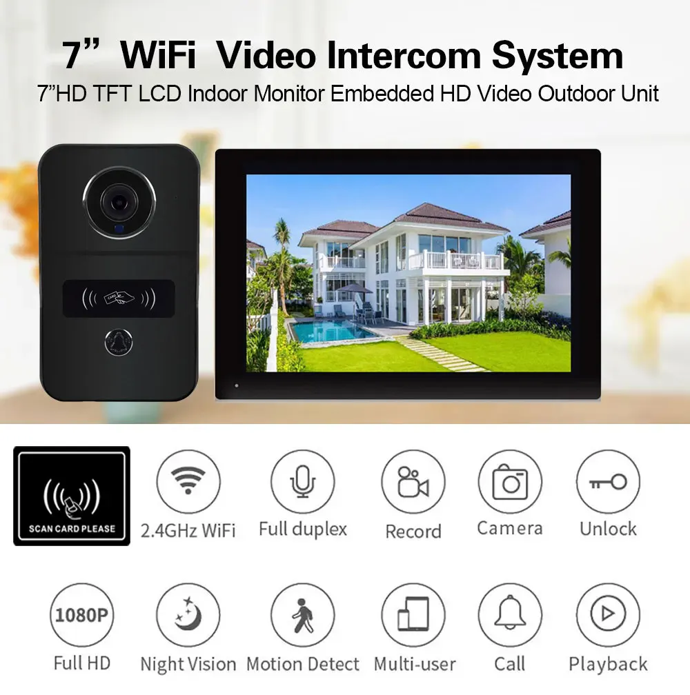 Tuya Smart Wireless Wifi Video Doorbell System 1080P Doorphone Door HD Inductive Card Camera 7 Inch Touch Screen Video Intercom