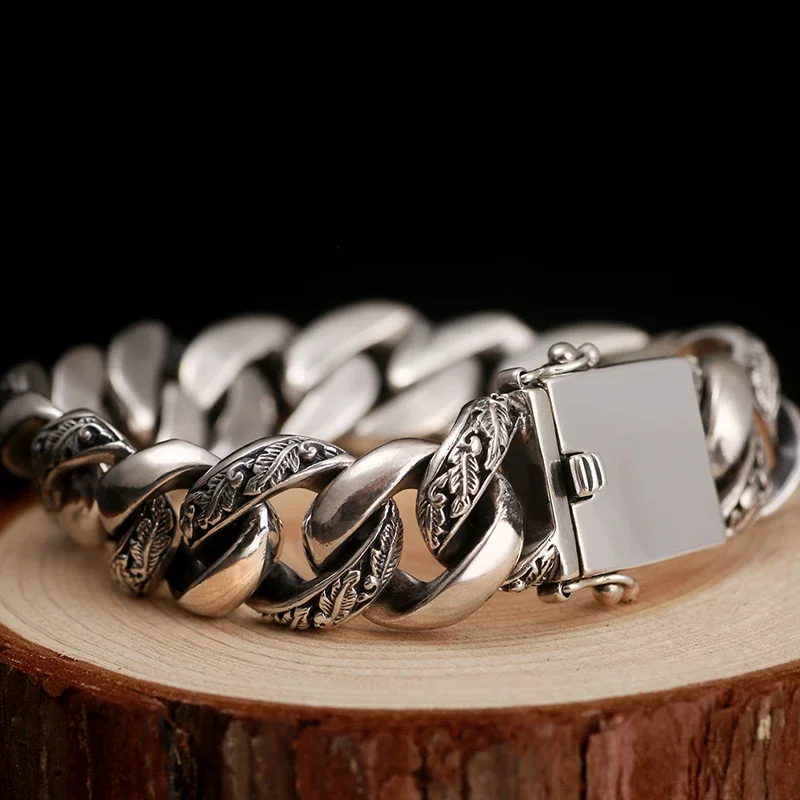 New Silver Color National Tide Retro Fashion Cuban Charm Bracelet Men Cuff Trend Domineering Street Fashion Jewelry