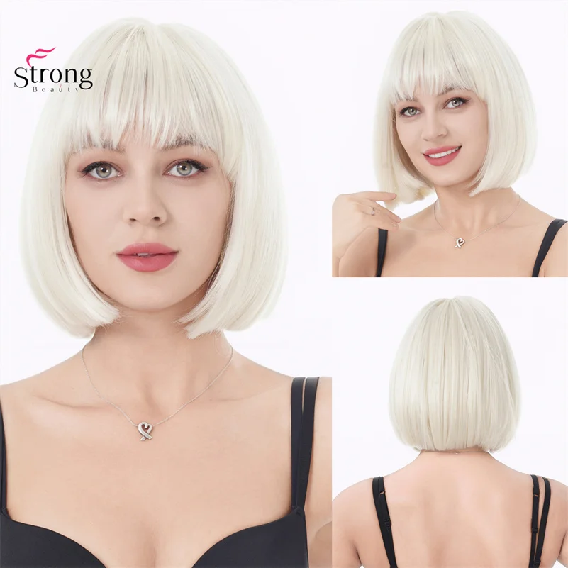 Short Blonde Bob Wig for White Women Straight Wig with Bangs Natural Looking Heat Resistant Synthetic Wig for Grils