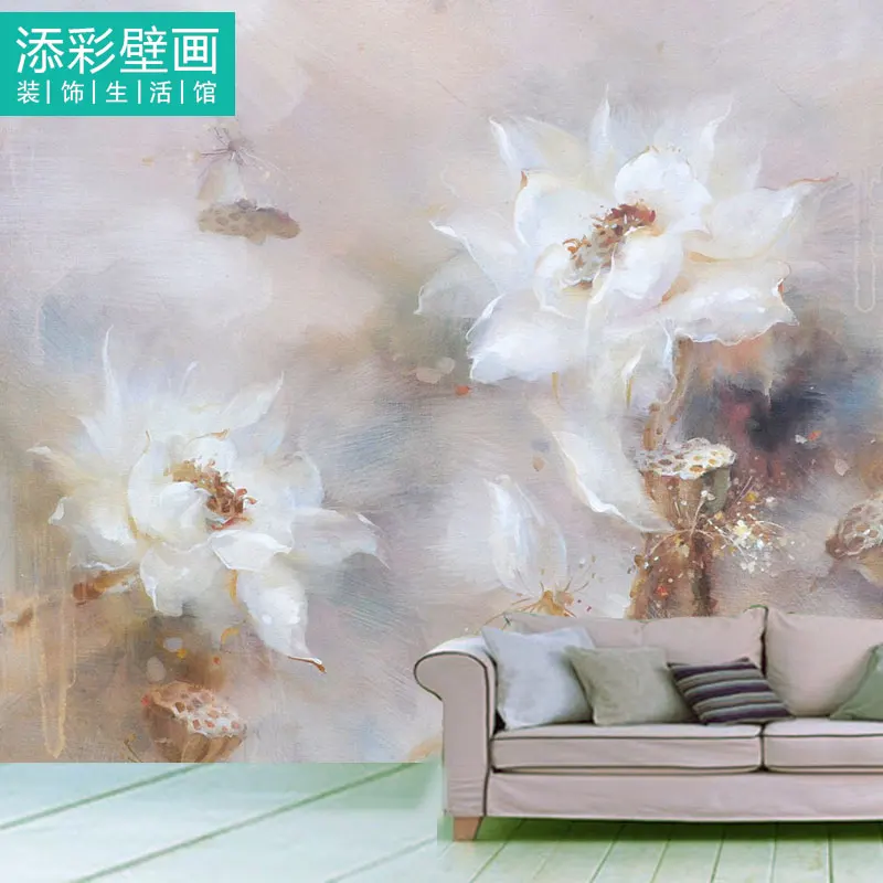 Custom 3D Lotus flower design background wallpaper oil painting rendering entire Living room sofa TV background wall bedroom 8d