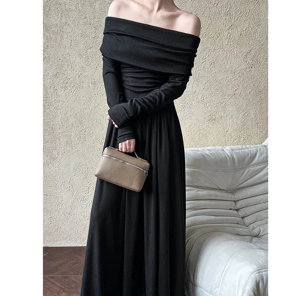 2024 Nowa jesienna długa sukienka damska Sexy Off The Shoulder Design High Stretch Long Sleeve Slim Women Maxi Dress