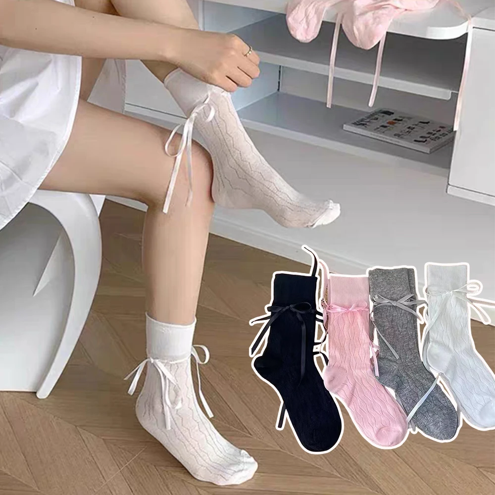 Women Ballet Style Ribbon Y2K Bow Bandage Stockings Lace Stripe Balletcore Calf Socks Lolita Hollow Out Harajuku Lace Mesh Sock