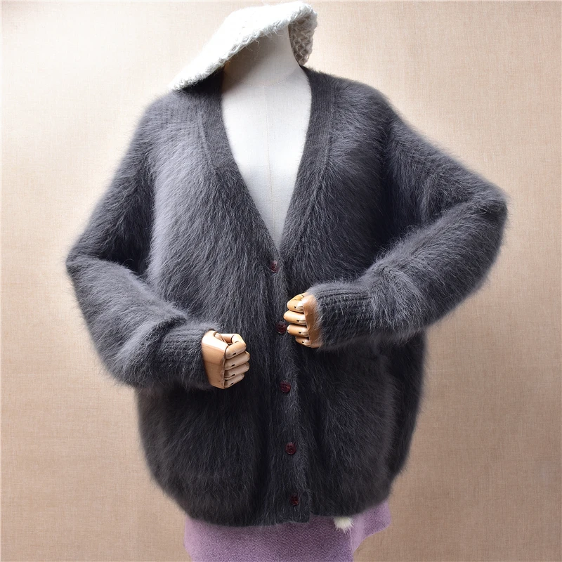 

Women Mujer Autumn Winter Hairy Angora Rabbit Hair Knitted V-Neck Long Sleeves Loose Lazy Oaf Cardigans Mink Fur Sweater Jacket