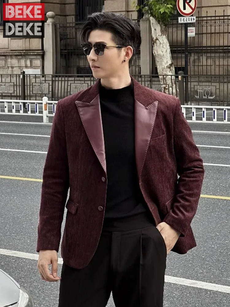 

Fashion Mens Autumn Party Slim Fit Blazer Jacket Pu Leather Spliced Collar Business Casual Work Suit Coat Single Breasted Blazer