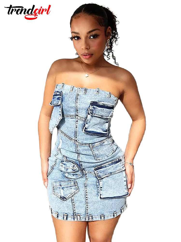 Mlaiscsr sexy jean estiramento mini vestido feminino streetwear sem alças uma peça bolso bodycon denim aniversário noite clube vestidos