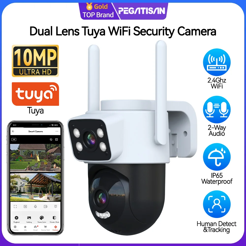 

PEGATAH 10MP Dual Lens Tuya WiFi Security Camera PTZ Outdoor 4K Wireless Dual Screen Auto Tracking Monitoring Video Surveillance