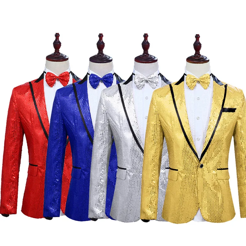 

iny Sequin Stage Performance Men's Suit Jaet Gold Singer Bar Host Master of Ceremony Costume Oversize Faion Urban Youth...