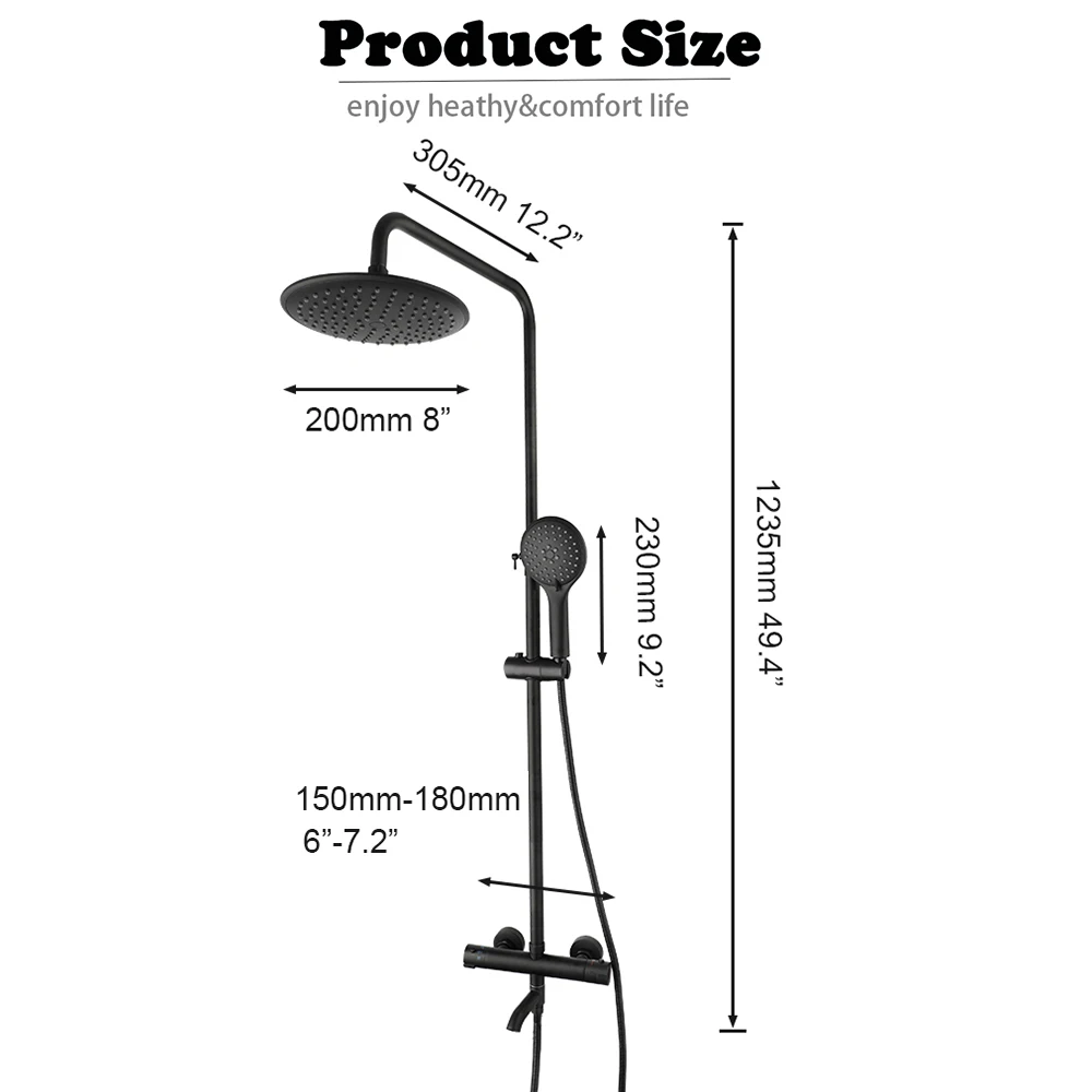 KEMAIDI Thermostatic Shower Set Bathroom Shower System 38 Thermostatic Black Bath Shower Set Square Rainfall Top Shower Faucet