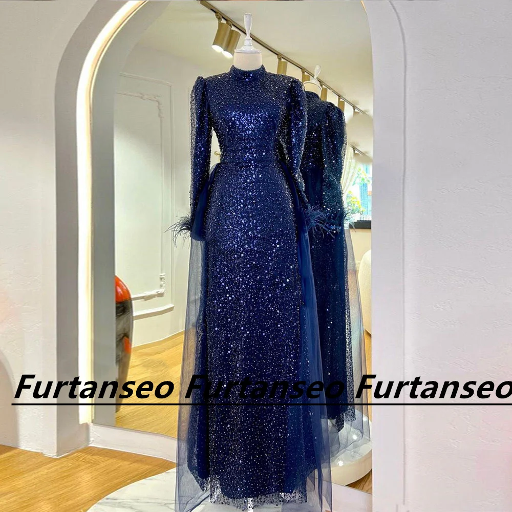 Sparkling Sequins Prom Dress Muslim Long Sleeve With Feather High Neck вечернее платье Formal Party Gown Robes De Soirees Dubai