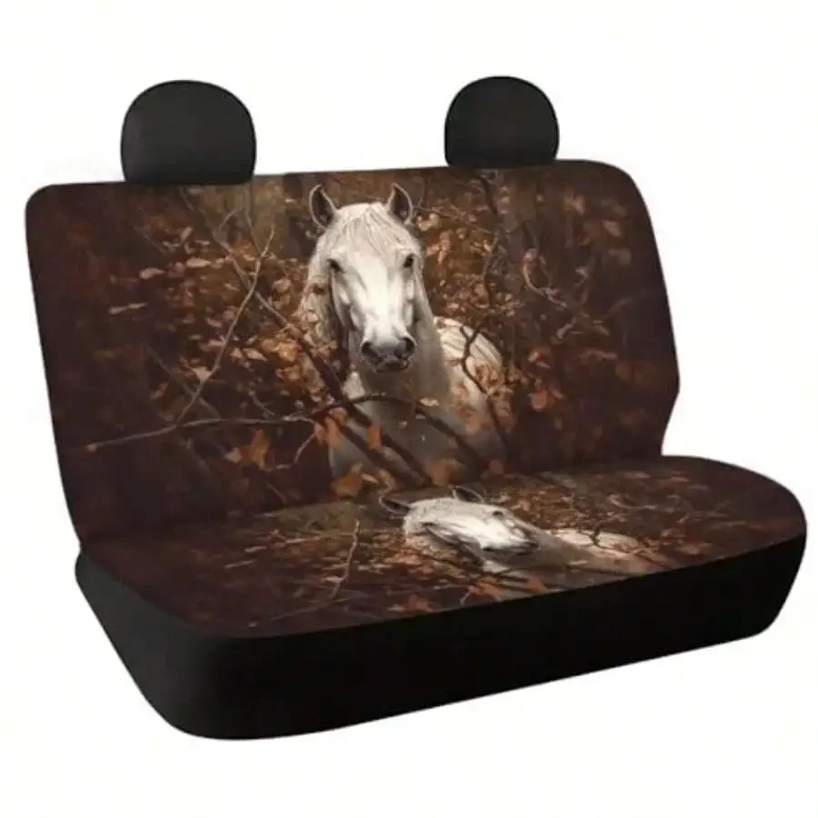Universal Car Rear Seat Cover With White Horse Forest Print For SUV Sedan Truck