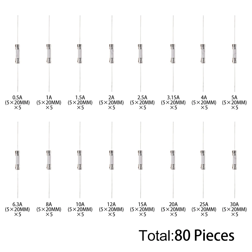 80PCS 4A 16Values 5x20mm Leaded Ceramic Fuse Kit for Electronics Circuit Protection Projects 25A 30A 12A 15A 8A 10A 1A 1.5A 2A