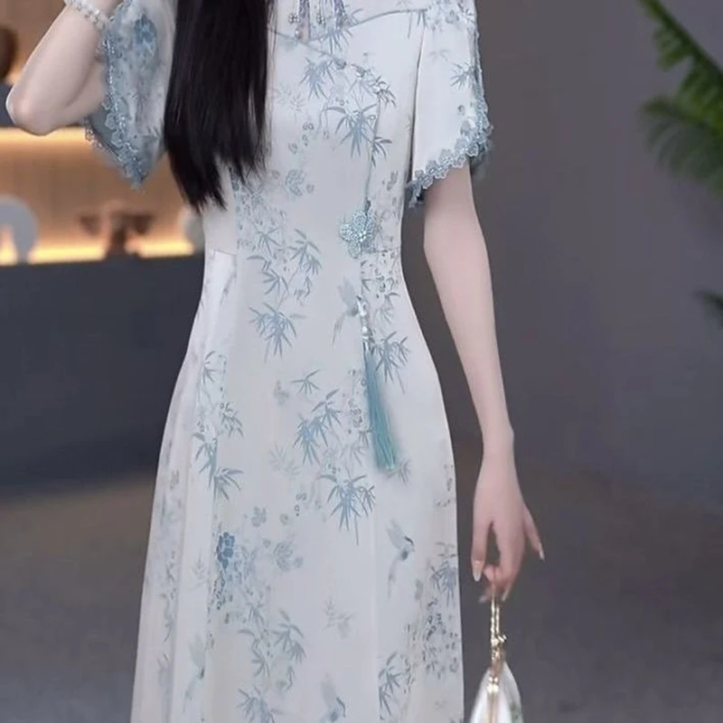 High-Grade Jacquard Satin National Modified Cheongsam Dress Women's 2026 Summer New Fashion Slim Length Chinese Vintage Dress