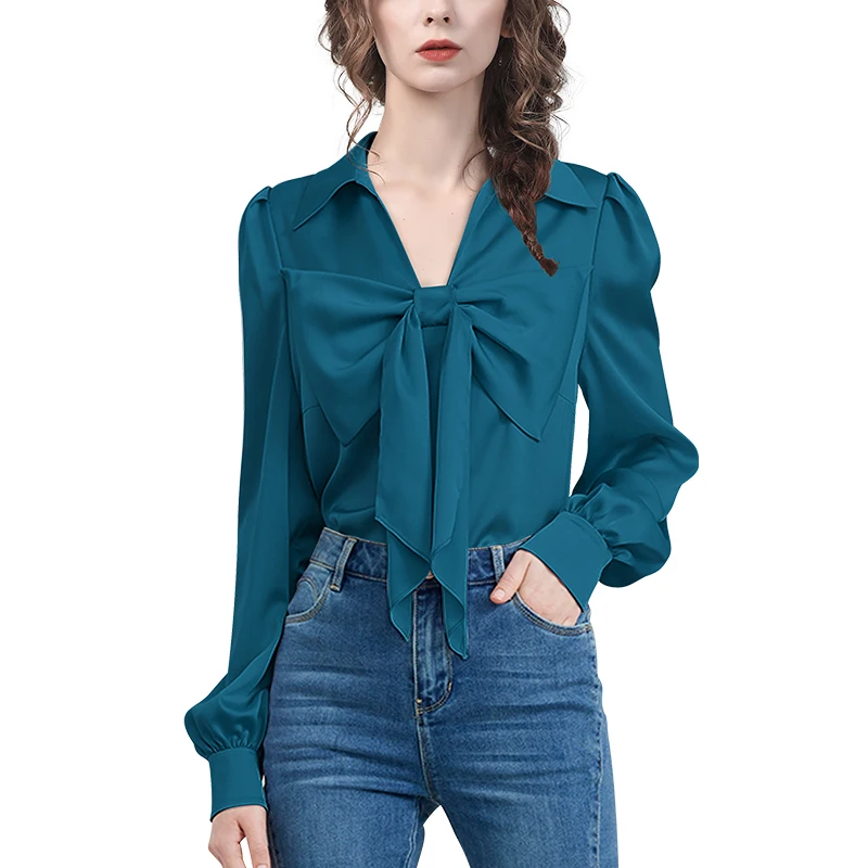 2024 Spring Summer Chic Women Bow-Knot Shirt Long Sleeve V-Neck Satin Top Elegant Fashion Slim Fit Ladies Casual Office Blouses