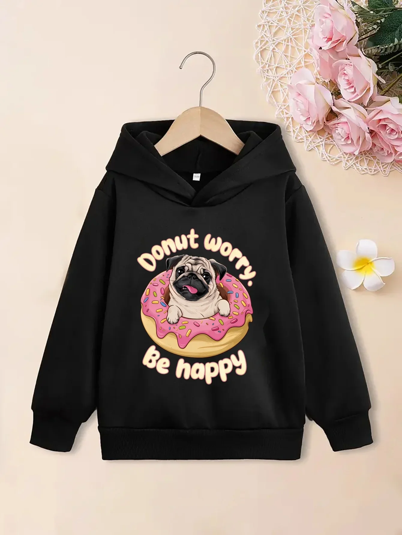 Children Cartoon Pug Graphic Hoodie Sweet Donut Letter Print Pullover Autumn Winter Fleece Warm Lovely Kids Hooded Sweatshirt
