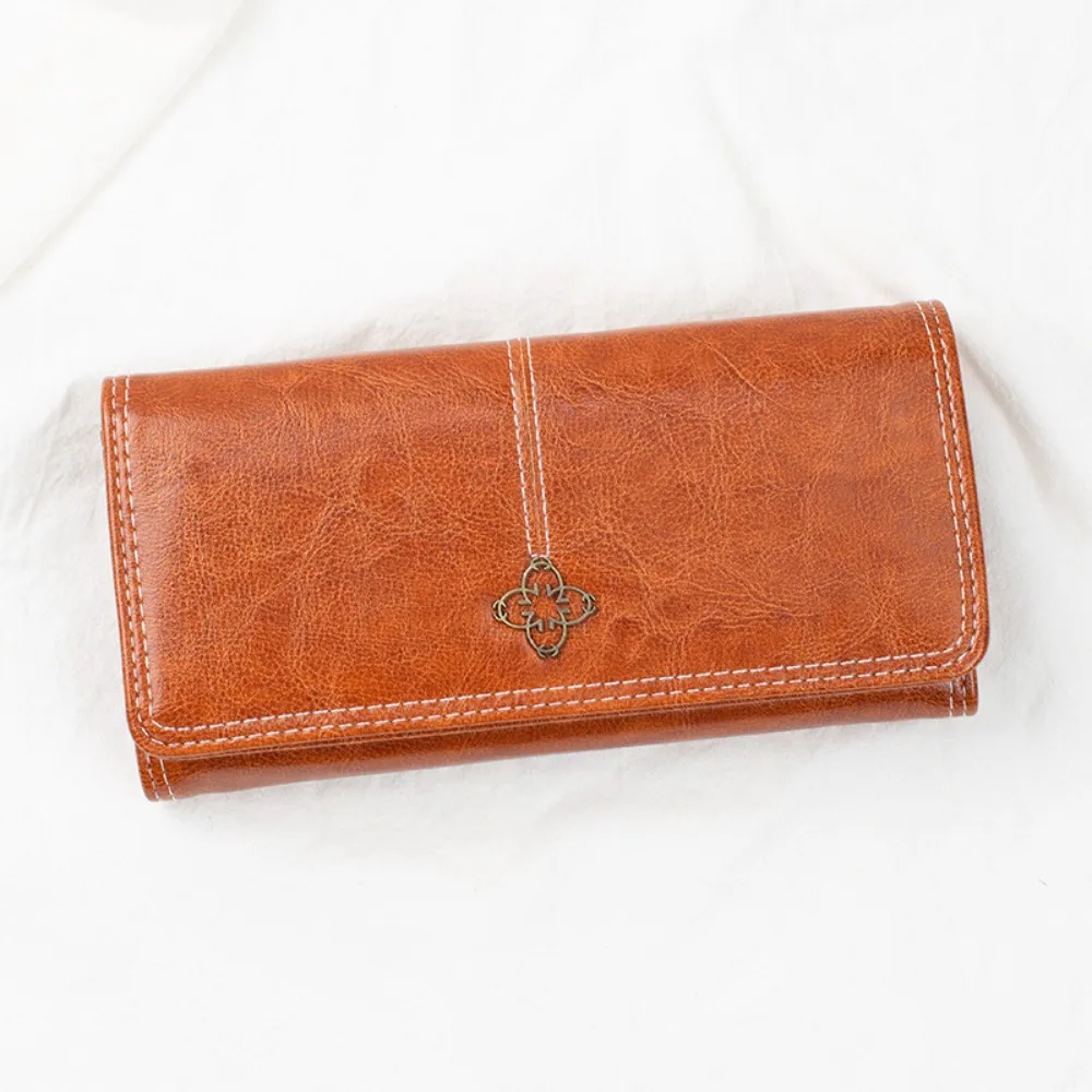 Portefeuille pliant étanche avec blocage RFID, cire d'huile, cuir PU pour femme, Long sac à main avec plusieurs fentes pour cartes, boucle