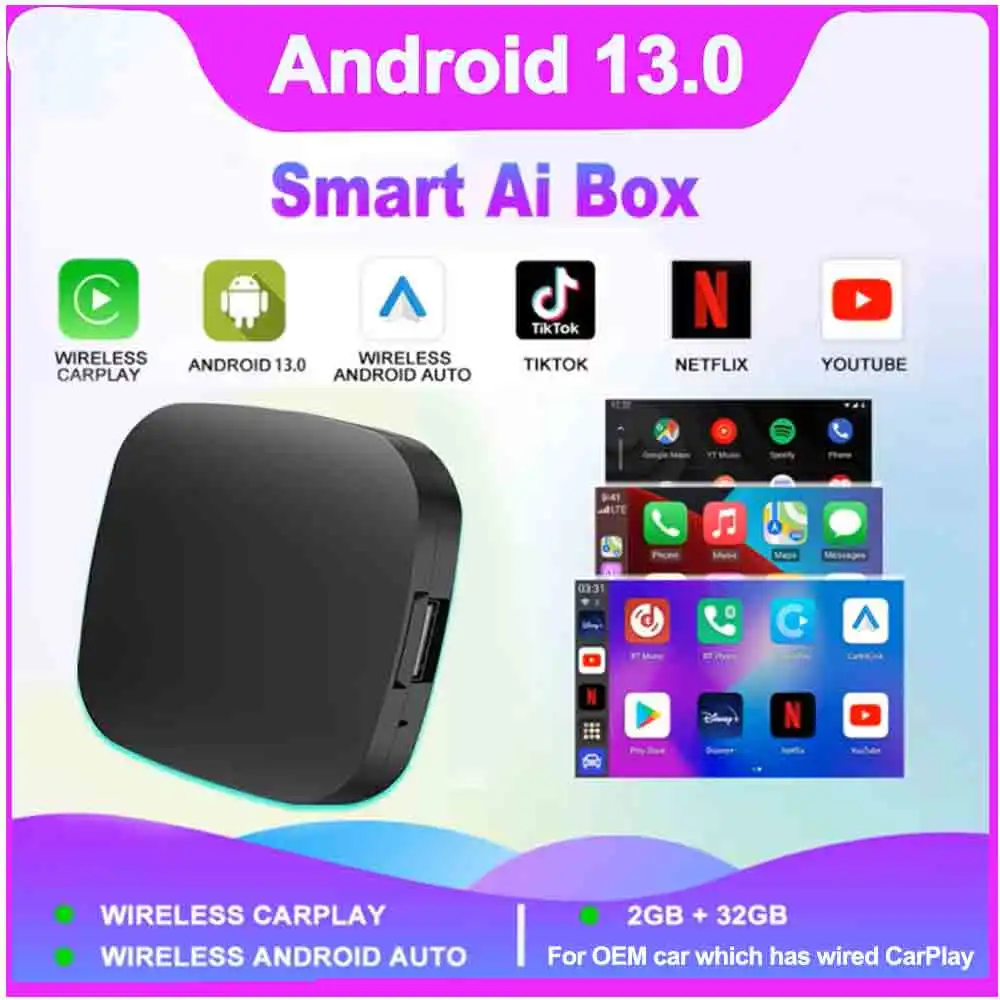 Carplay AI Box Android 13 Wireless Android Auto Smart TV Box For Youtube Netflix For VW Toyota Mazda Hyundai Haval GMC Ford MG