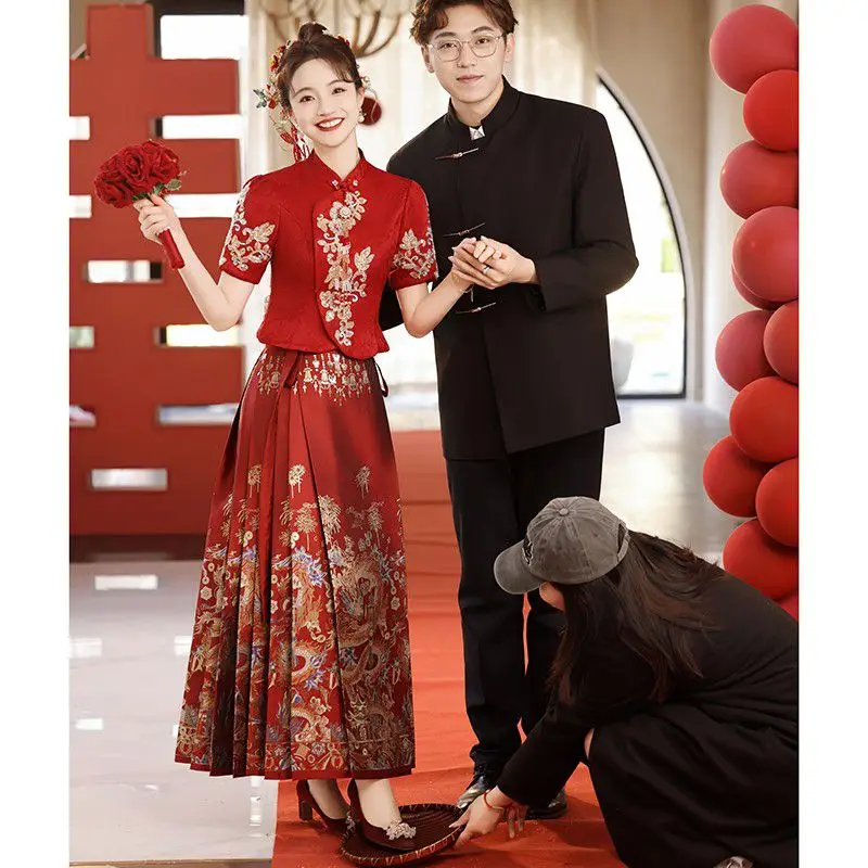 

Yourqipao Red Horse Face Skirt Chinese Wedding Bridal Cheongsam Clothes Wedding Dress Engagement Evening Gowns