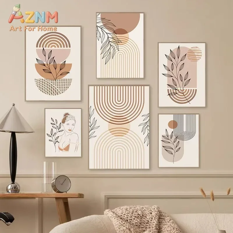 AZNM Boho Neutral Canvas Wall Art Abstract Geometric Arch Plant Leaf Lady Line Drawing Print for Nordic Living Room Bedroom Home