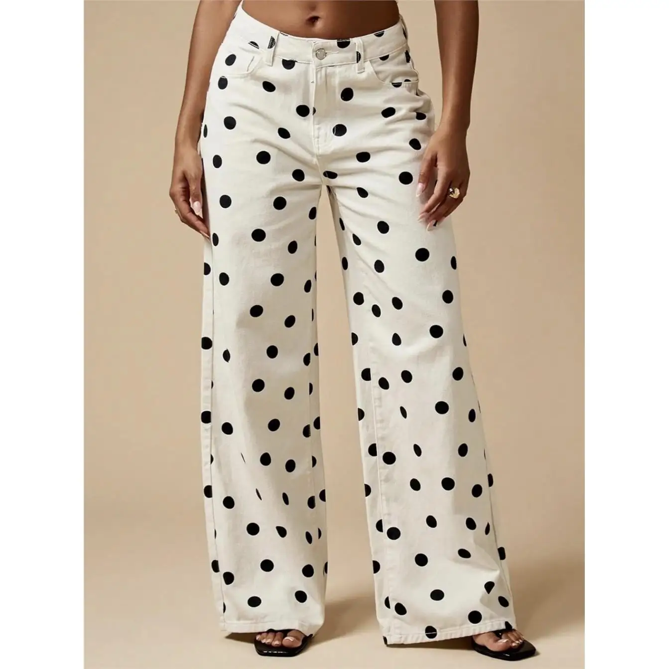 New 2026 mid Waist Printed Black Polka Dot Jeans Non Elastic Ladies Loose Fit Cotton Denim Pants Ladies Fashion Casual Wear