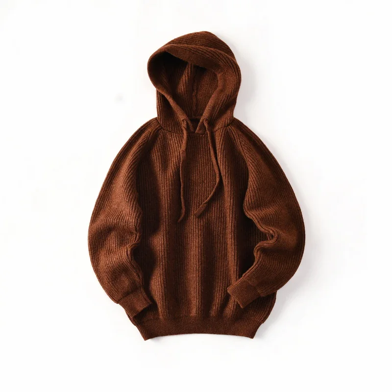 

American Vintage Heavyweight Men's Relaxed-fit Hooded Knitted Sweater Coats in Wool Blend for Autumn and Winter