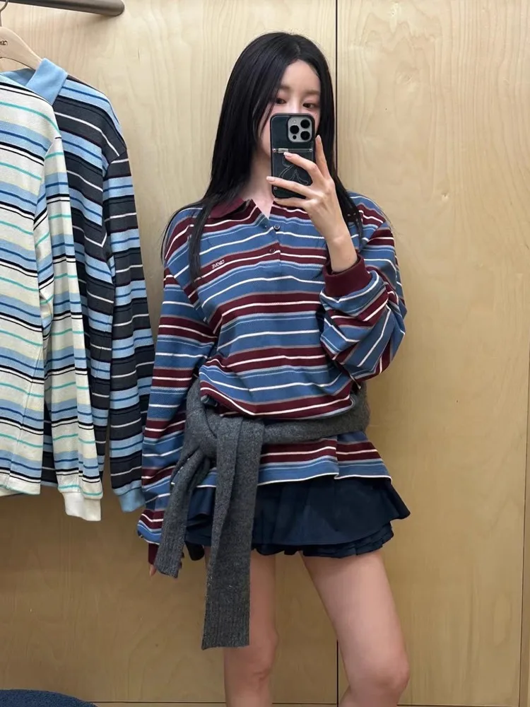 

Ladies Loose Fit Long Sve Ne T-irt Striped Early Spring New Sle Versatile Small Size Top Comfortable Lazy Sle