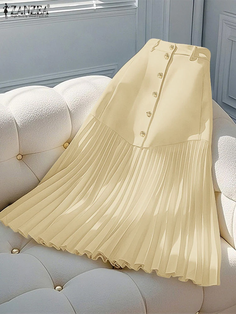 ZANZEA Womens Fashion Pleated Skirts Elegant Elastic High Waist V-Shaped Seam A-line Midi Jupes Femme Summer Commuting OL Faldas