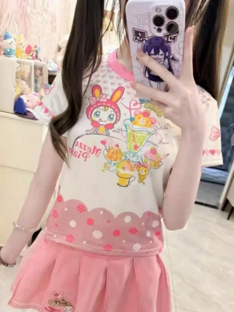 النمط الياباني الكرتون طباعة بلايز المرأة الصيف جديد المرقعة الجنية لطيف الإناث بلايز Harajuku Y2k الجمالية الجرونج عادية تيز